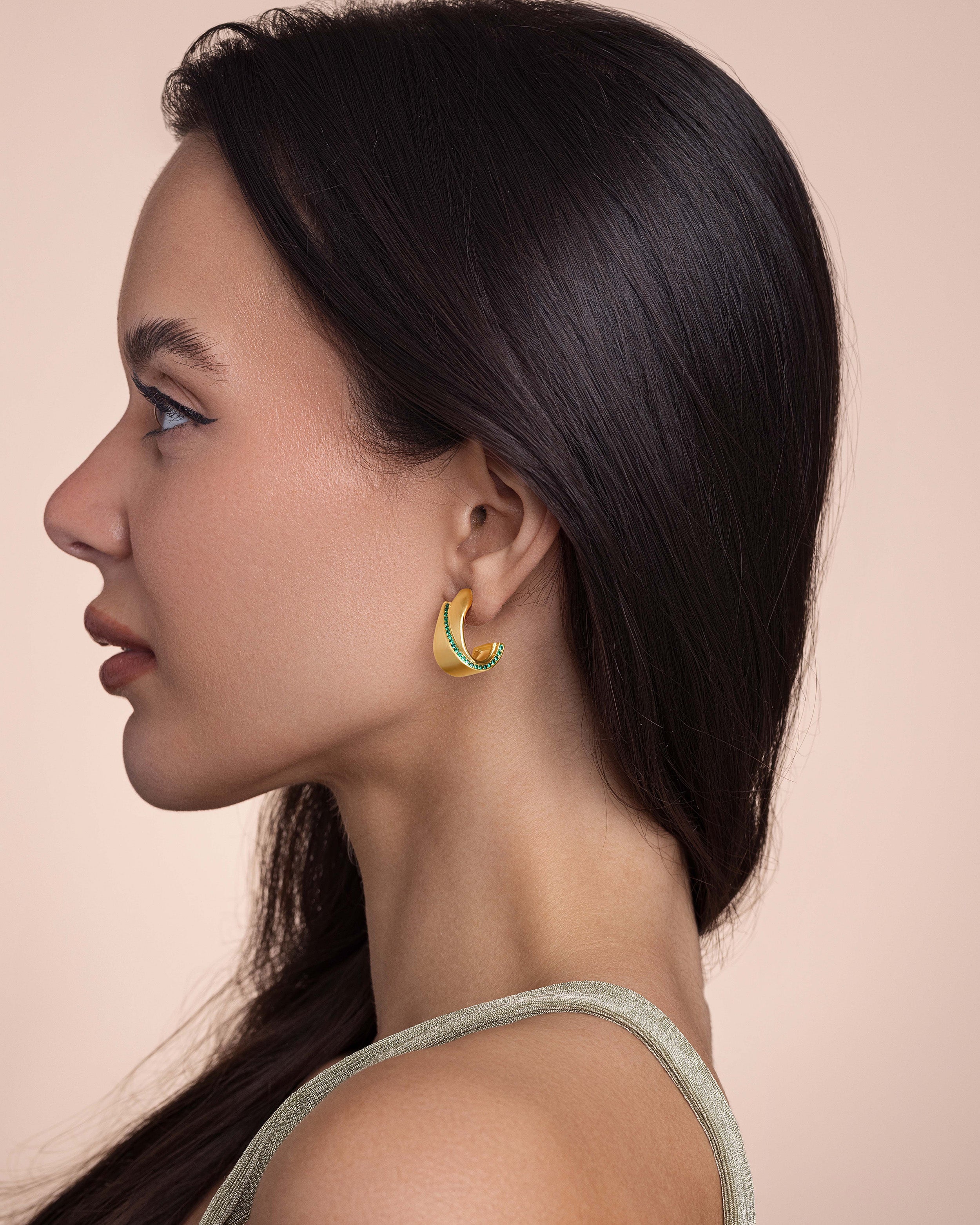 C Shape Earrings In Matte Gold Tone Emerald Green Style