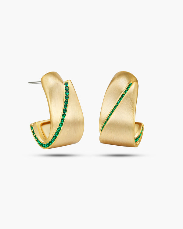 #206-1 Chunky Curve Twisted Open Hoop Statement Stud Earrings with CZ Emerald