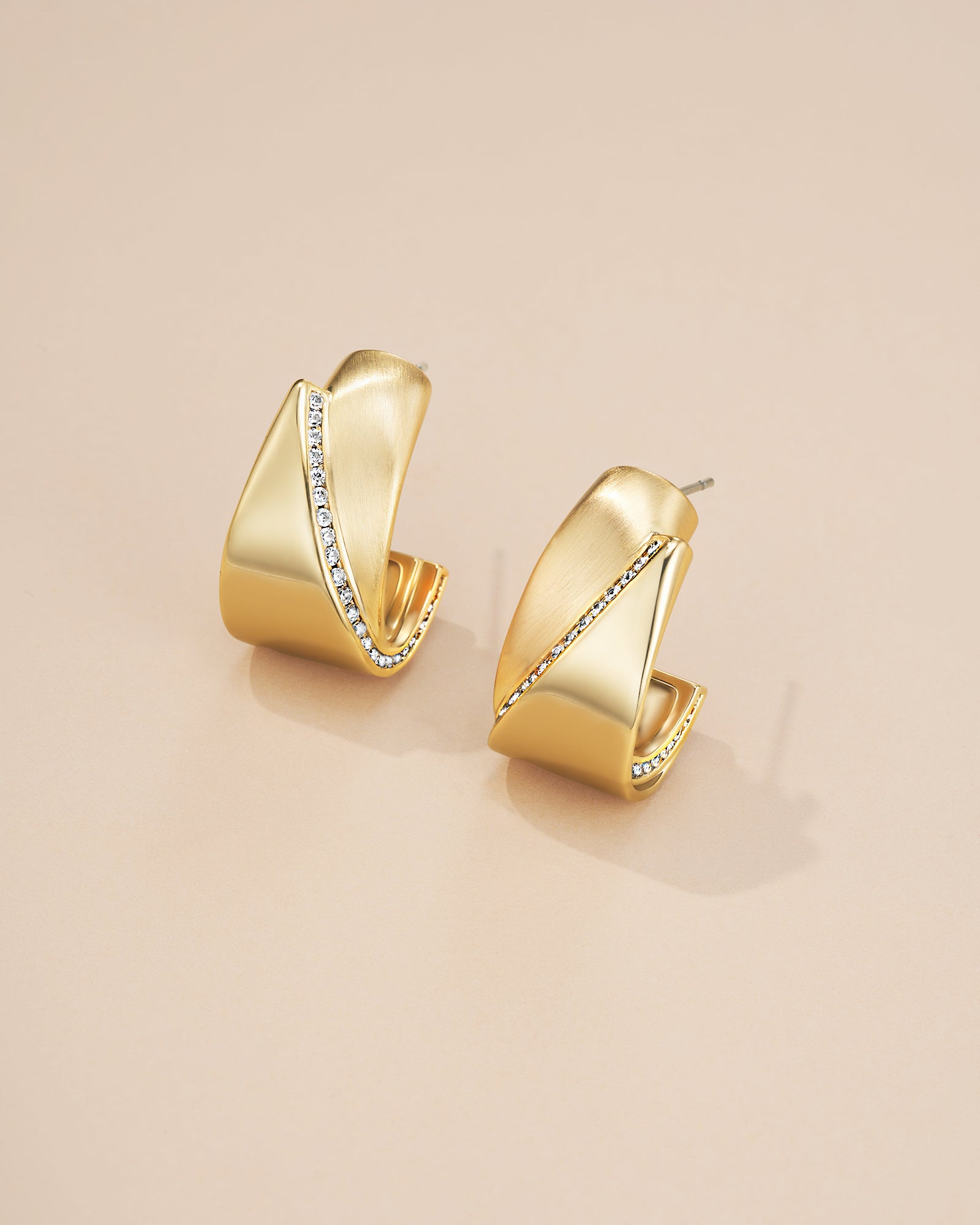Curved Half Hoop Earrings In Gold Tone With CZ Accent