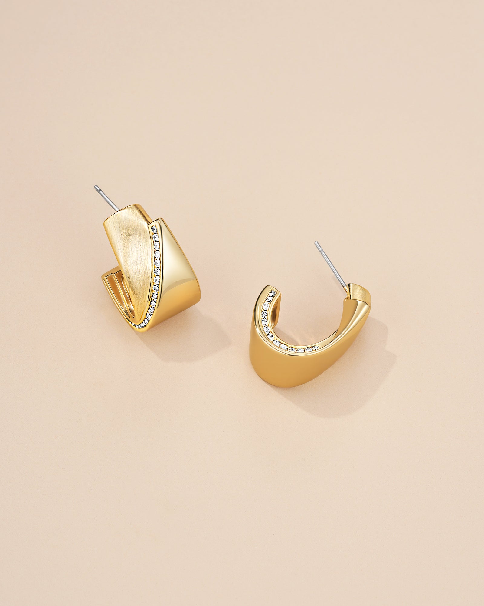 Curved Half Hoop Earrings In Gold Tone With CZ Accent
