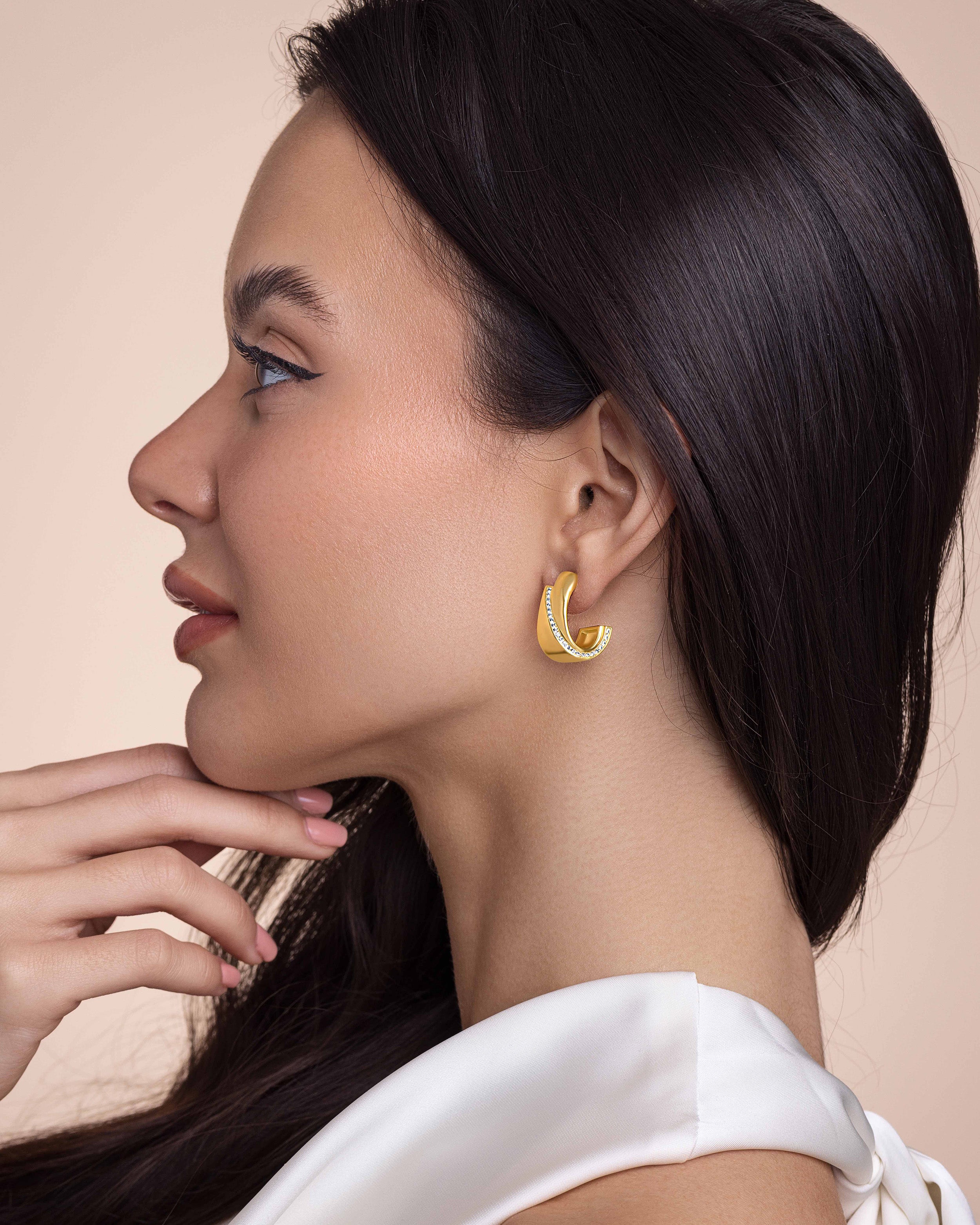 Curved Half Hoop Earrings In Gold Tone With CZ Accent