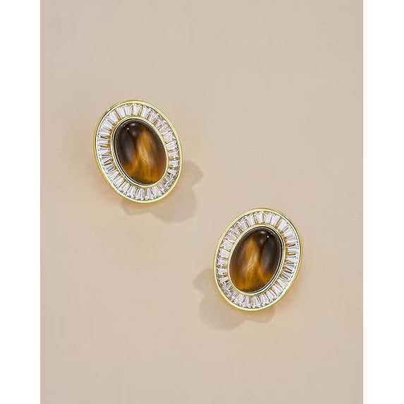 SNGIA 18K Gold Plated Oval Stud Earrings with CZ Halo, Statement Button Earrings for Women