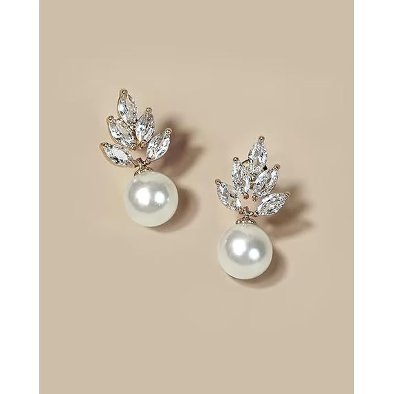 SNGIA 18K Gold Plated Pearl Drop Stud Earrings with Cubic Zirconia Floral Design for Women