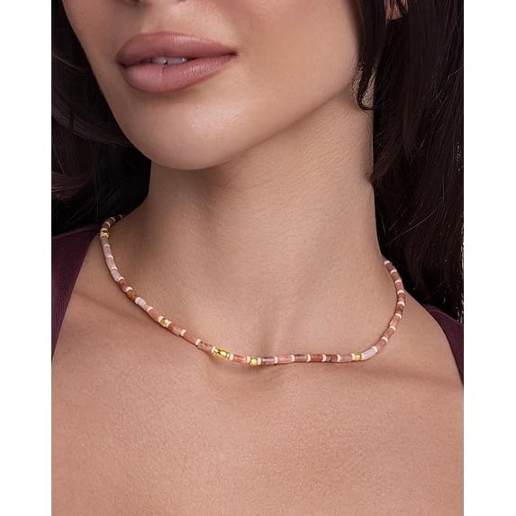 SNGIA 18K Gold Plated Pink Beaded Choker Necklace for Women, Adjustable Dainty Strand Jewelry