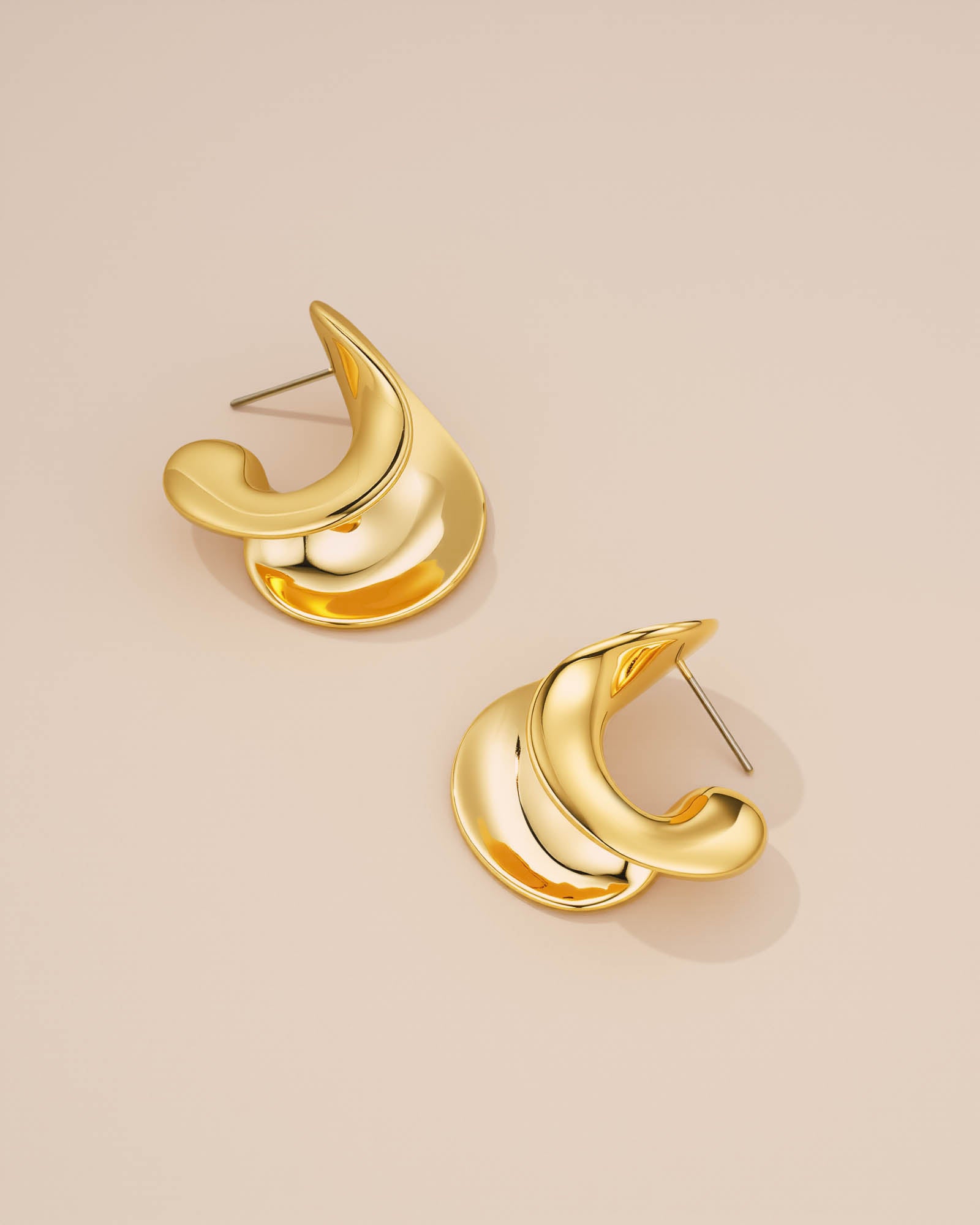 Twisted Open Hoop Stud Earrings In Gold Tone Chunky Curve Style