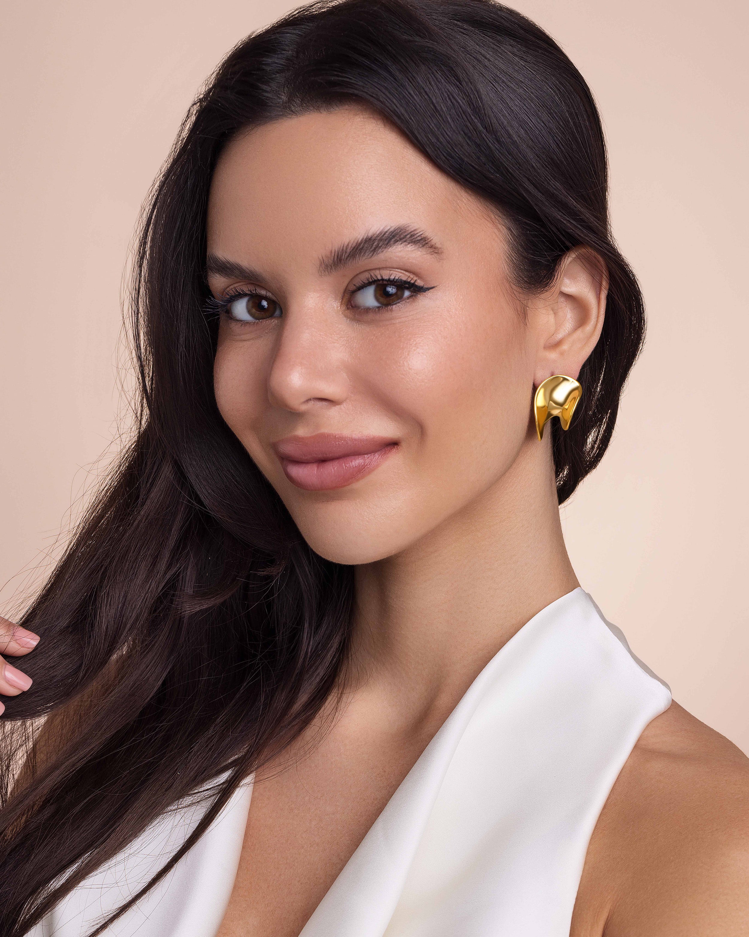 Gold Chunky Curve Twisted Open Hoop Stud Earrings
