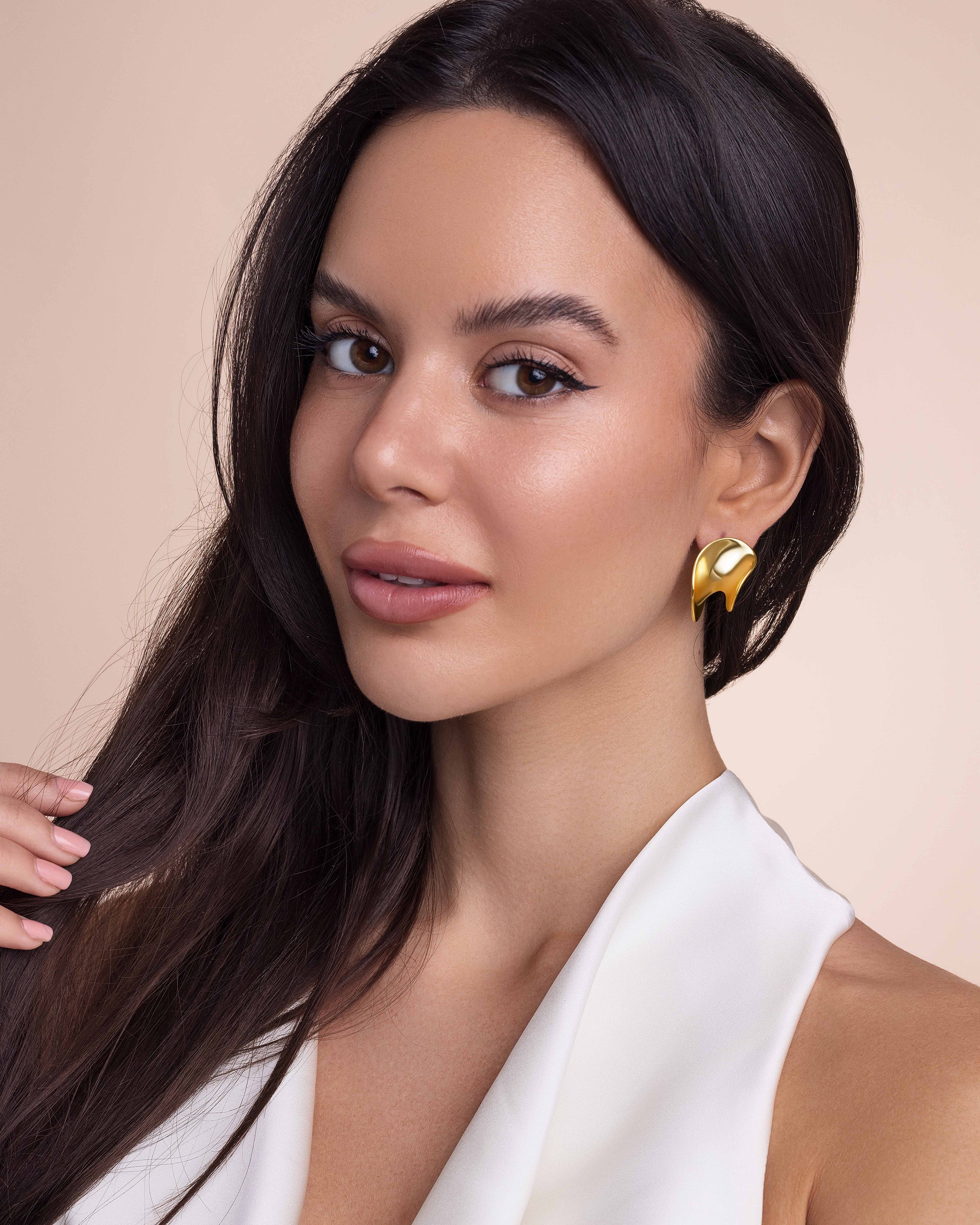Twisted Open Hoop Stud Earrings In Gold Tone Chunky Curve Style
