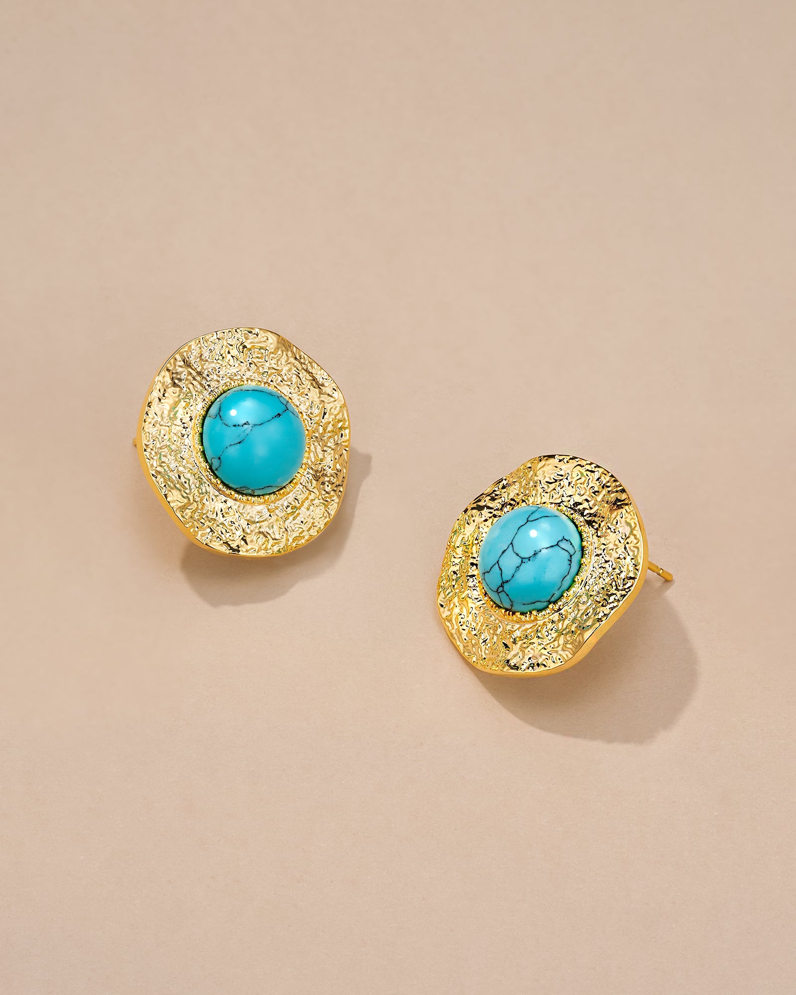 Gold Turquoise Sunflower Textured Round Earrings