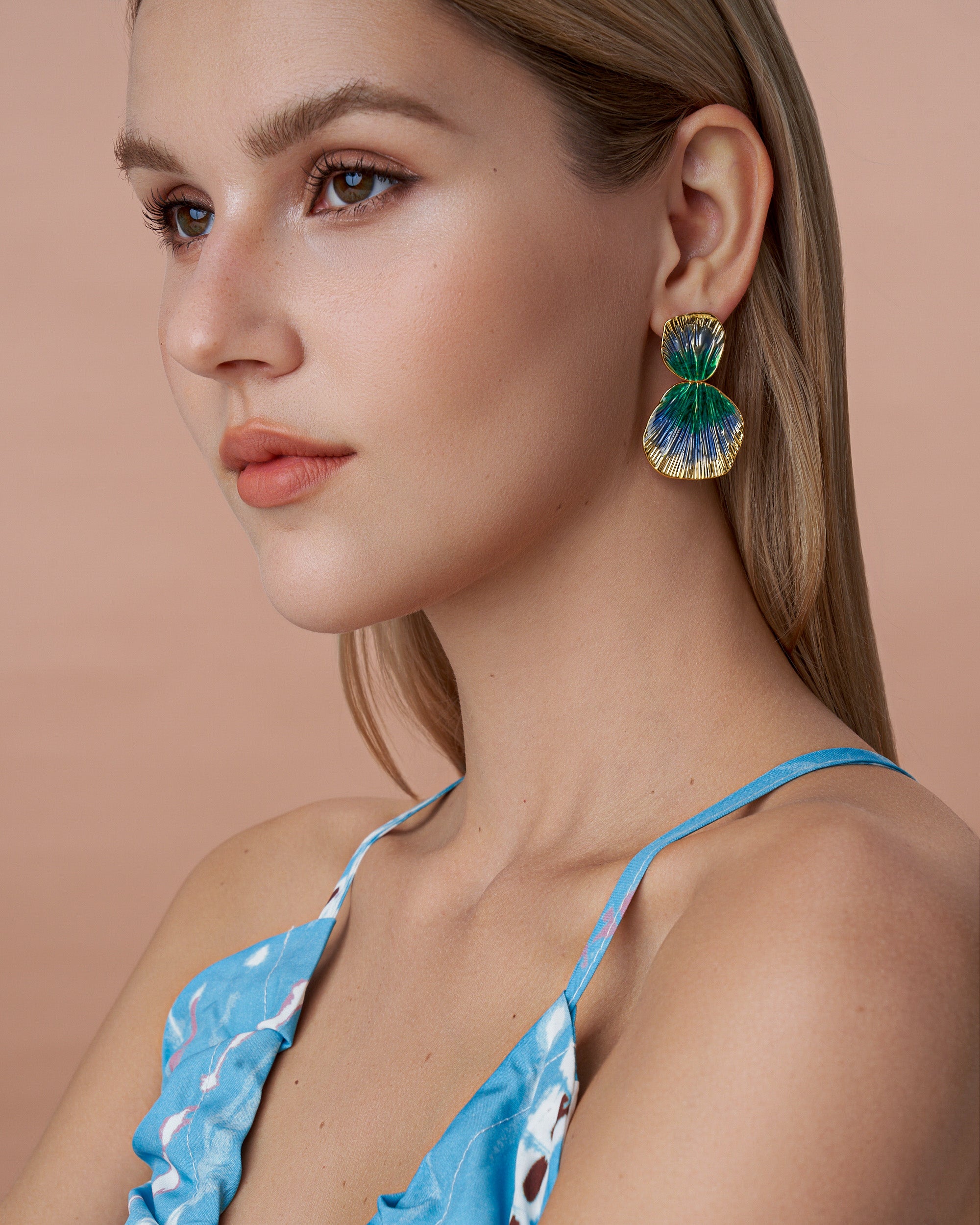 Ribbed Enamel Dangle Earrings In Lagoon Boho Style