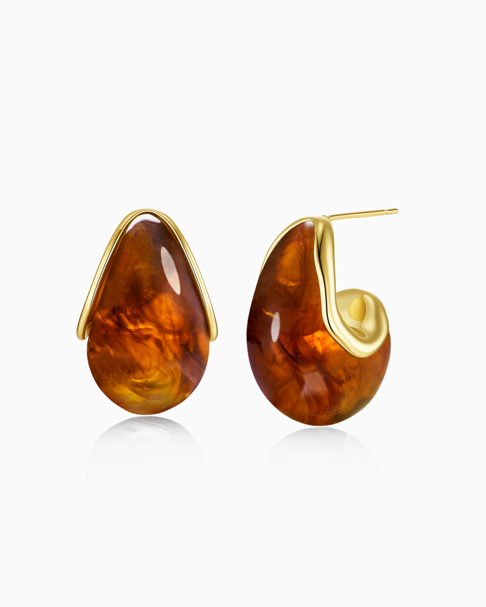 Gold Resin C Shape Teardrop Dangle Earrings - Brown