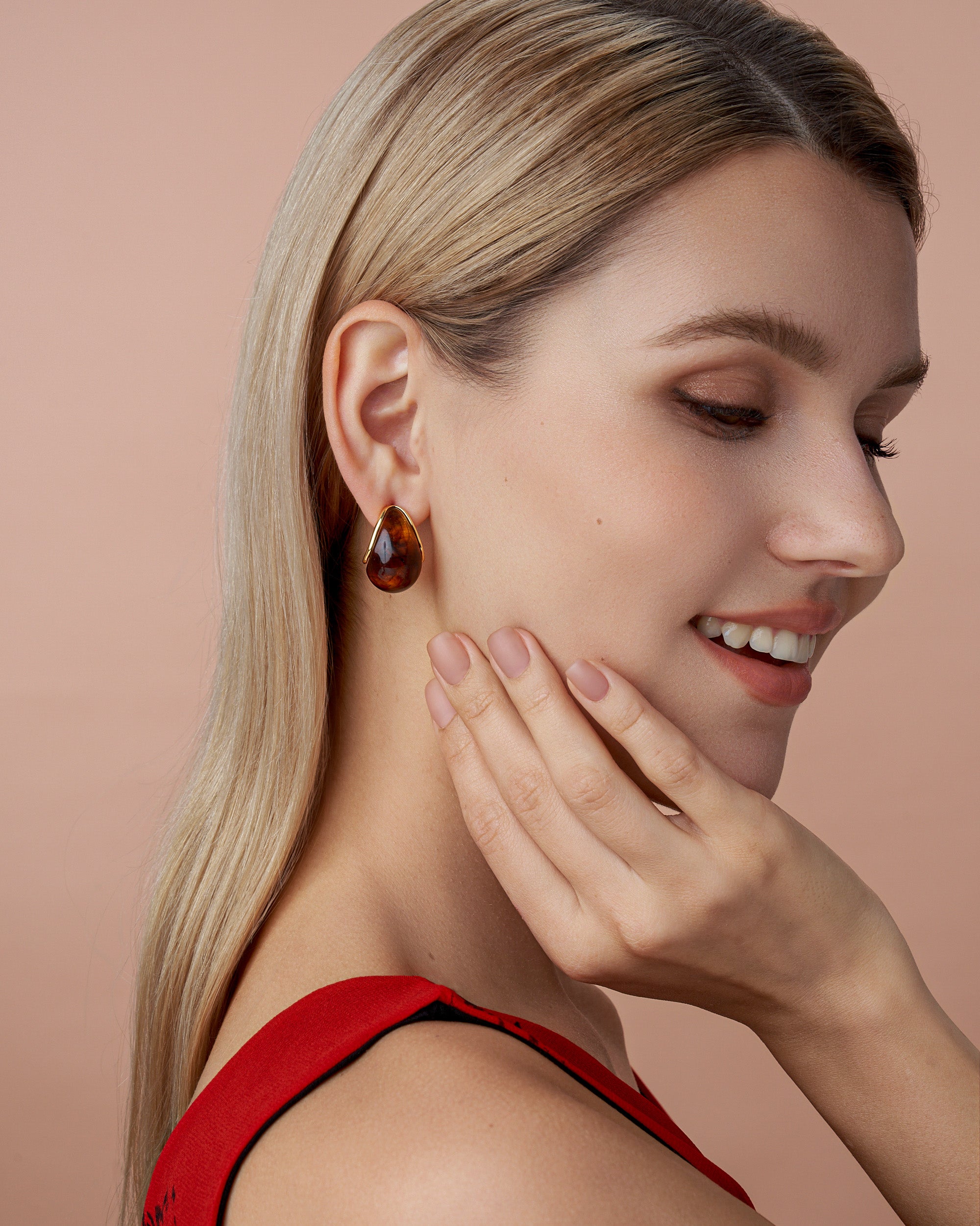 Gold Resin C Shape Teardrop Dangle Earrings - Brown