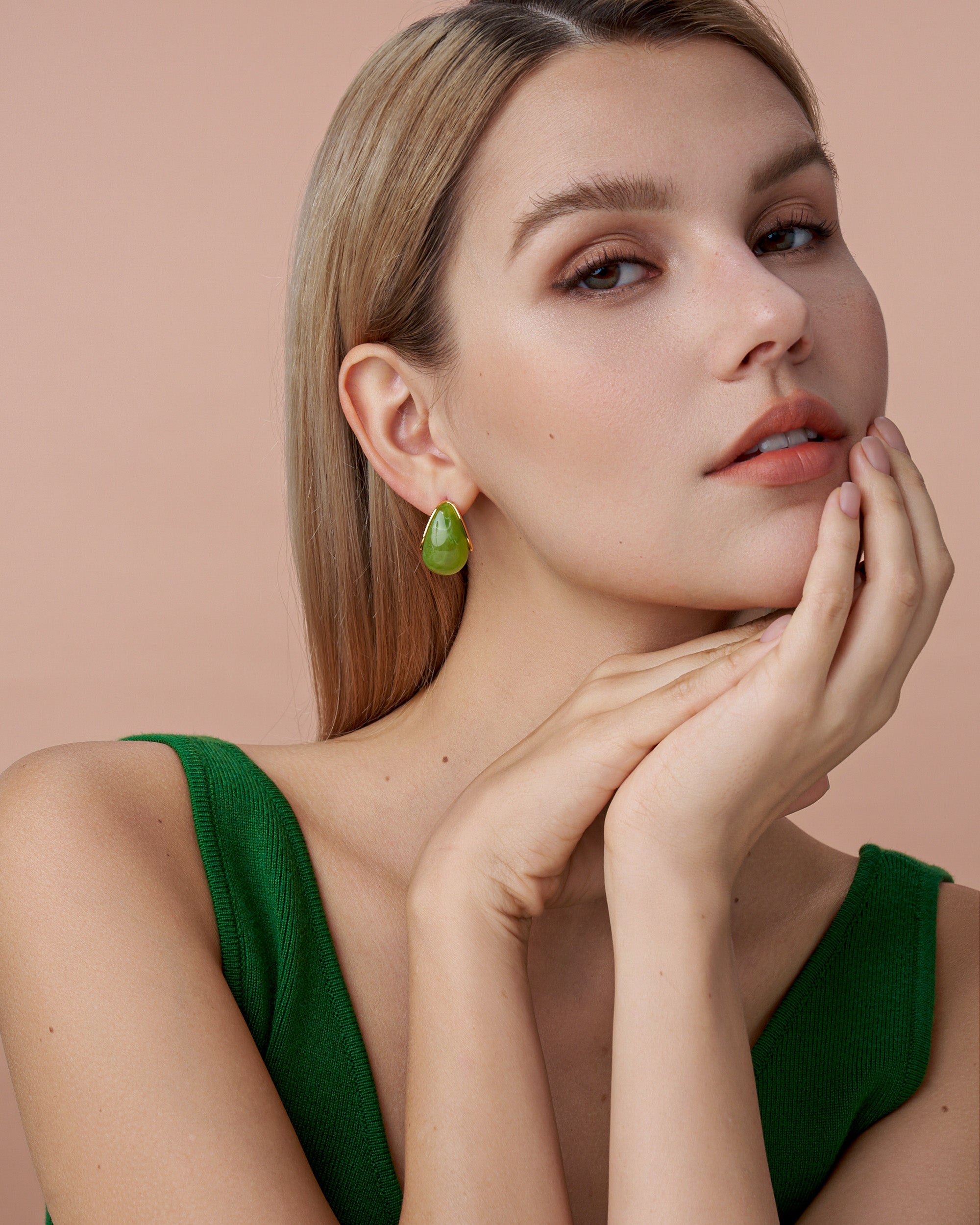 Gold Resin C Shape Teardrop Dangle Earrings - Green
