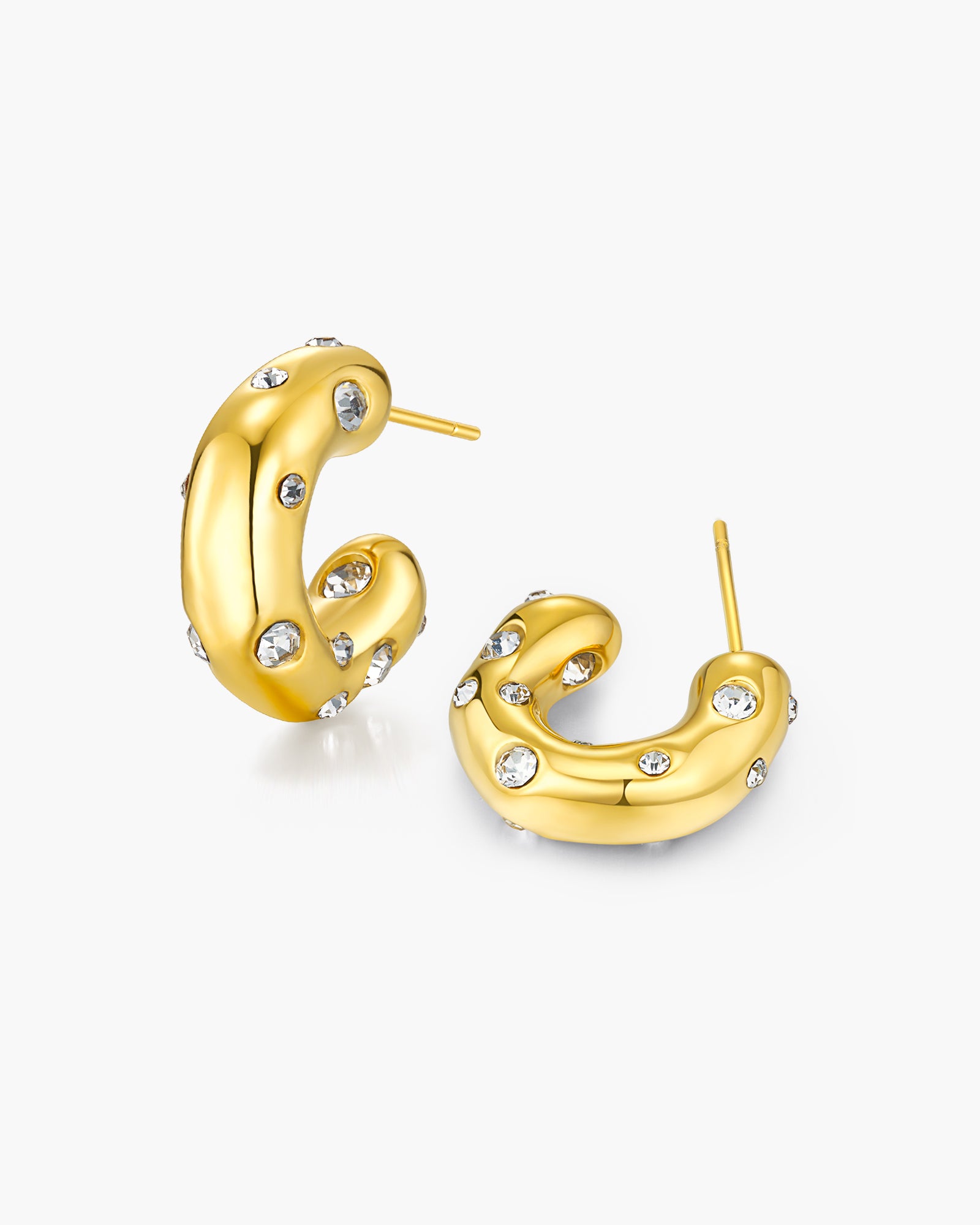 Cubic Zirconia Embellished C-Shape Sculptural Stud Earrings