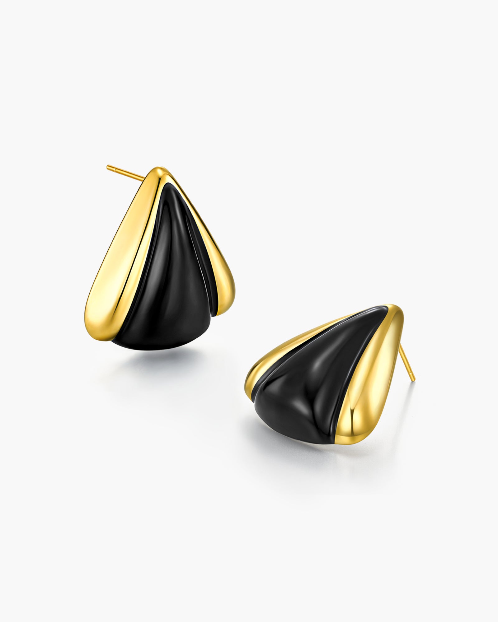 Gold Chunky Triangular Earrings with Black Enamel