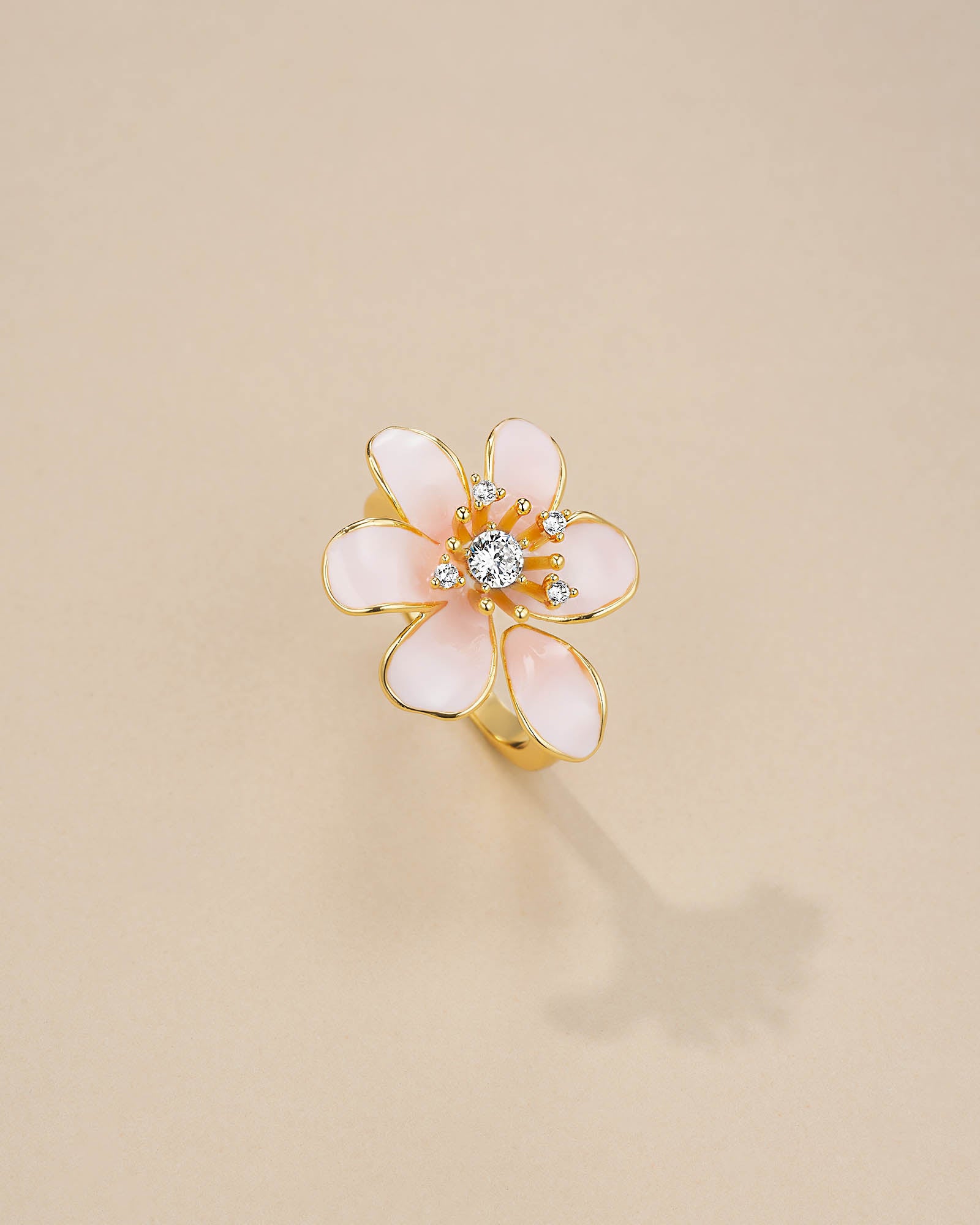Gold Pink Enamel Adjustable Ring with CZ