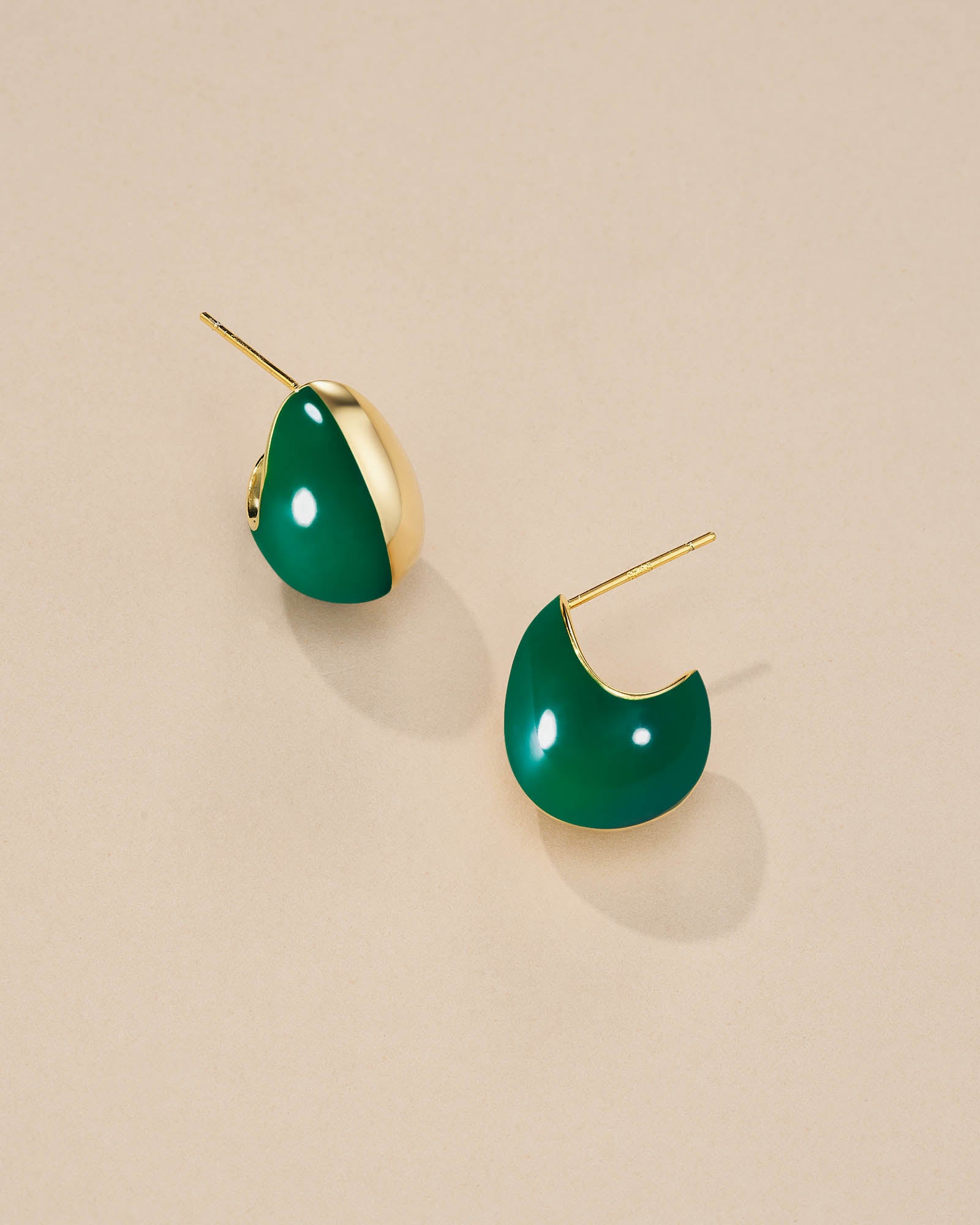 Green Enamel Gold C-Shaped Huggie Earrings