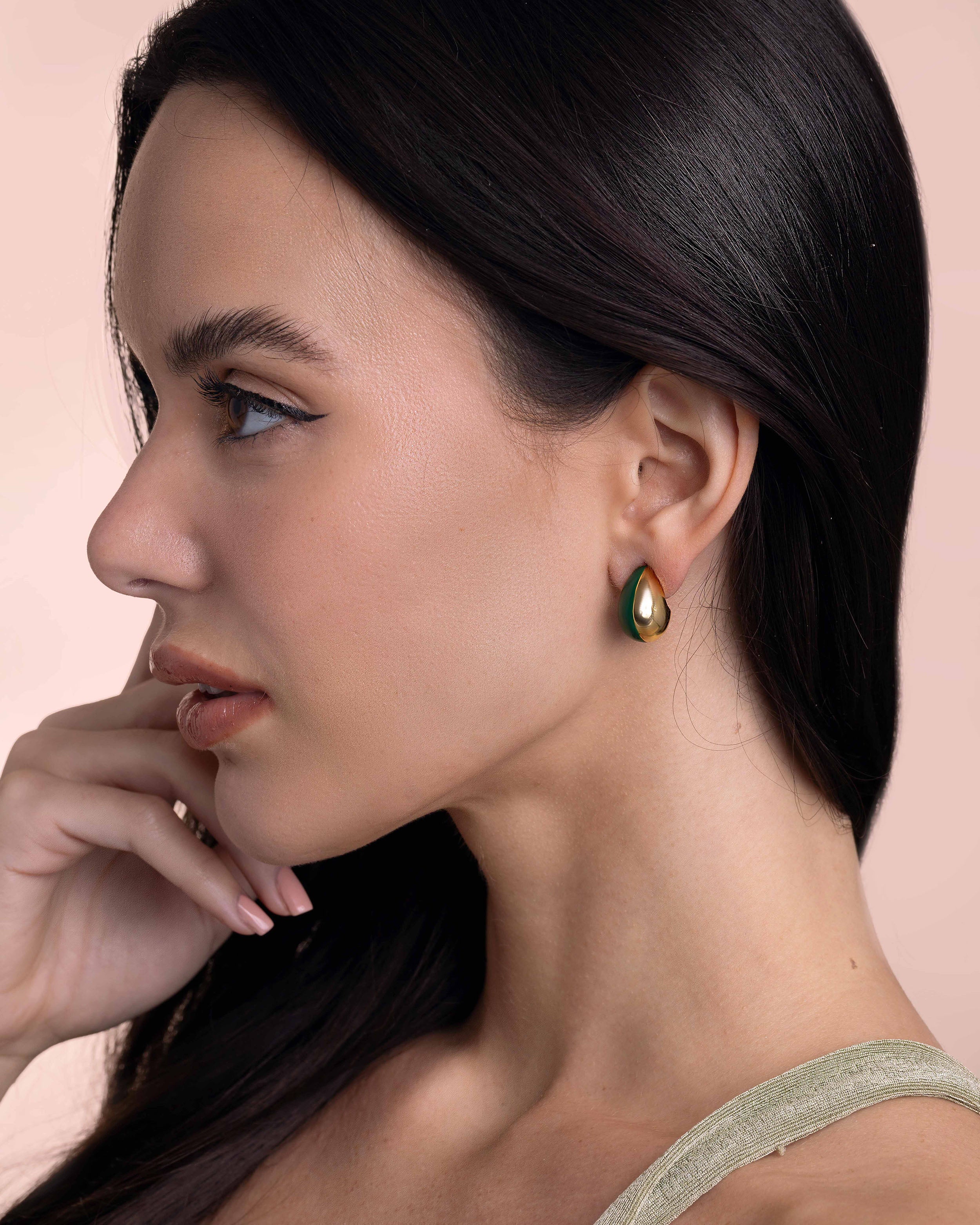 Green Enamel Gold C-Shaped Huggie Earrings