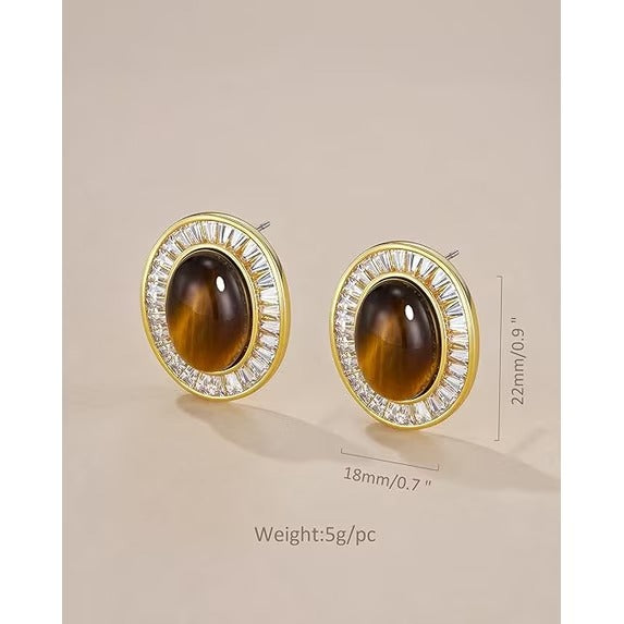 SNGIA 18K Gold Plated Oval Stud Earrings with CZ Halo, Statement Button Earrings for Women