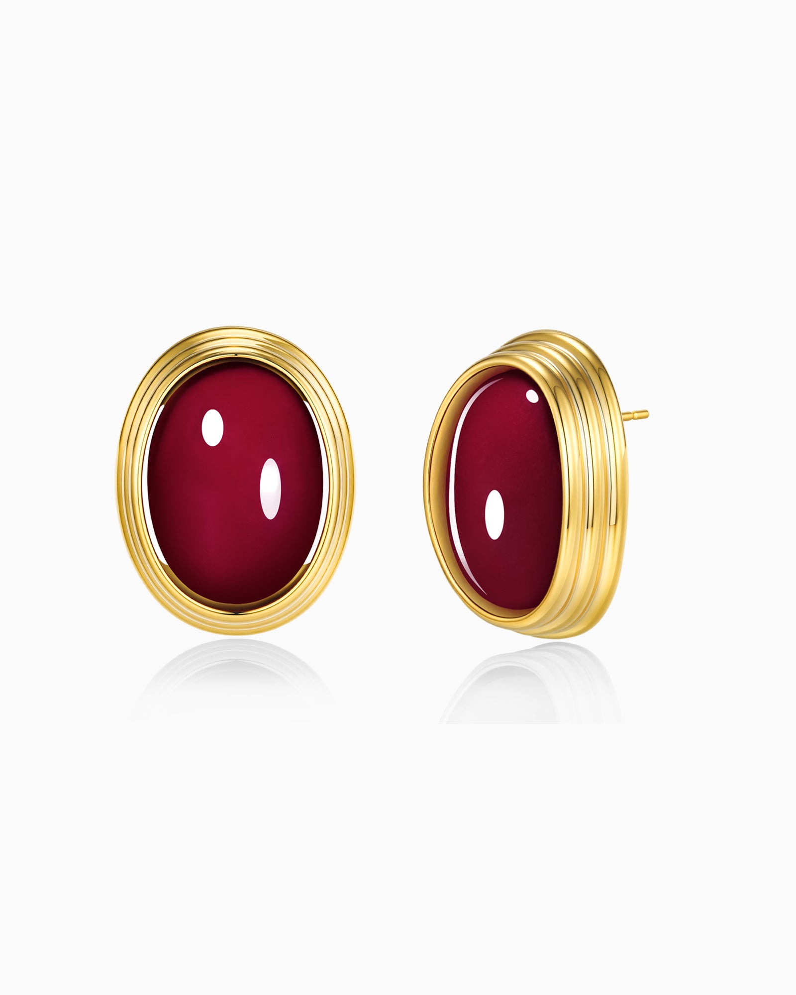Gold Maroon Enamel Chunky Stud Earrings
