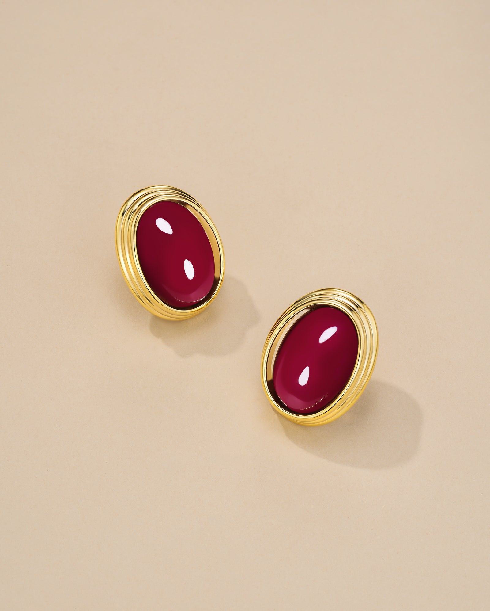 Chunky Stud Earrings In Gold Tone Maroon Enamel Style