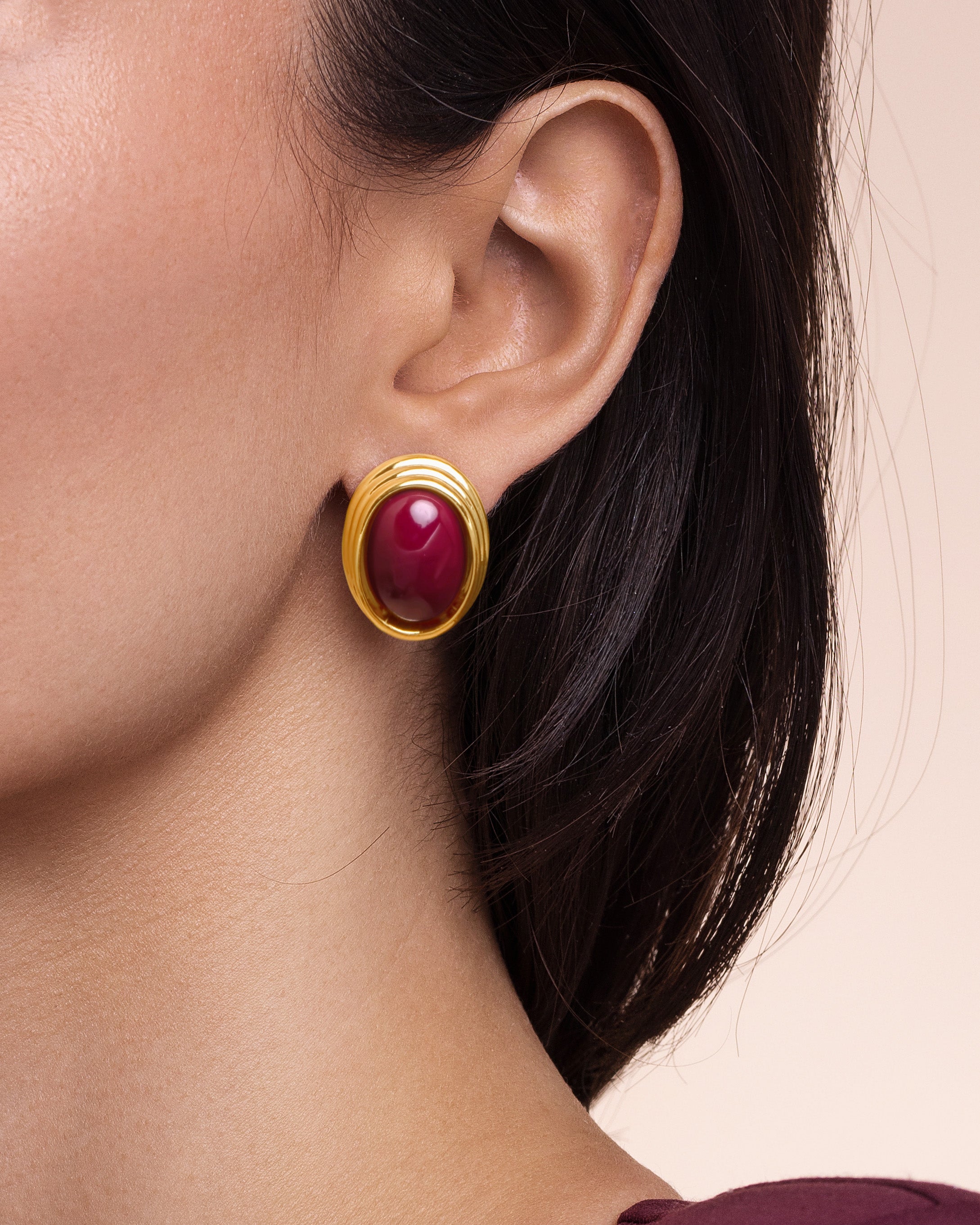 Chunky Stud Earrings In Gold Tone Maroon Enamel Style