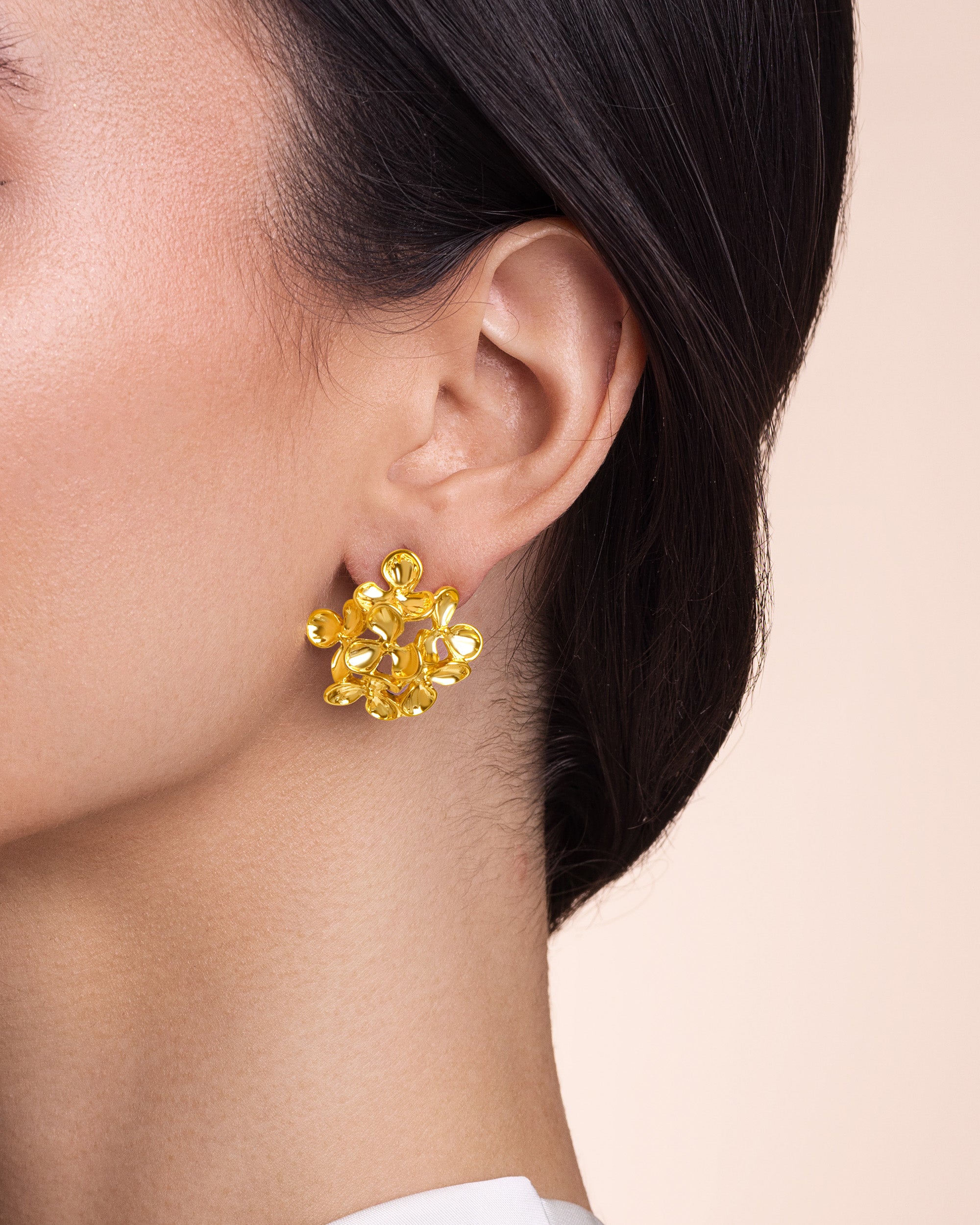 Floral Cluster Stud Earrings In Gold Tone Statement Style