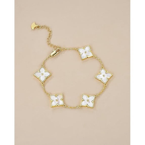 18K Gold Plated Mother of Pearl Clover Bracelet for Women, Adjustable Floral Link Bracelet