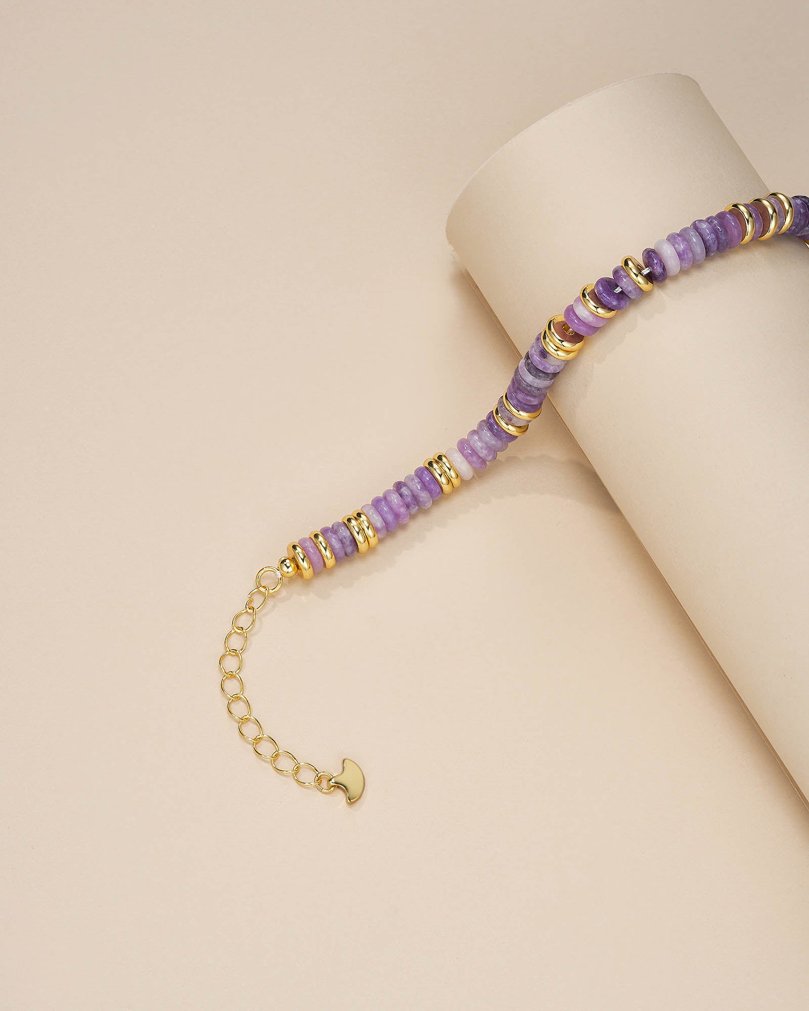 Gold Natural Stone Bead Necklace - Amethyst