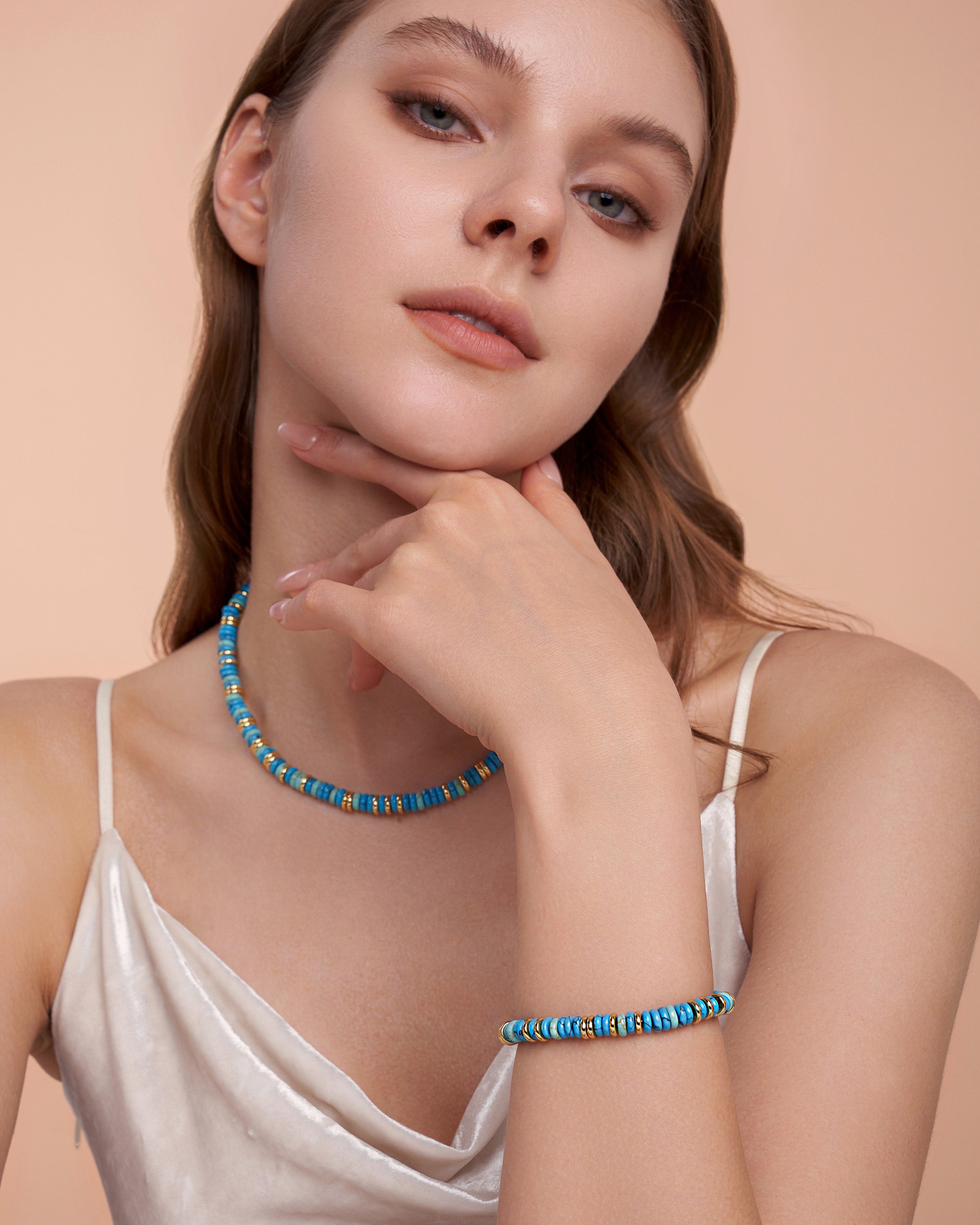 Gold Natural Stone Bead Bracelet- Turquoise