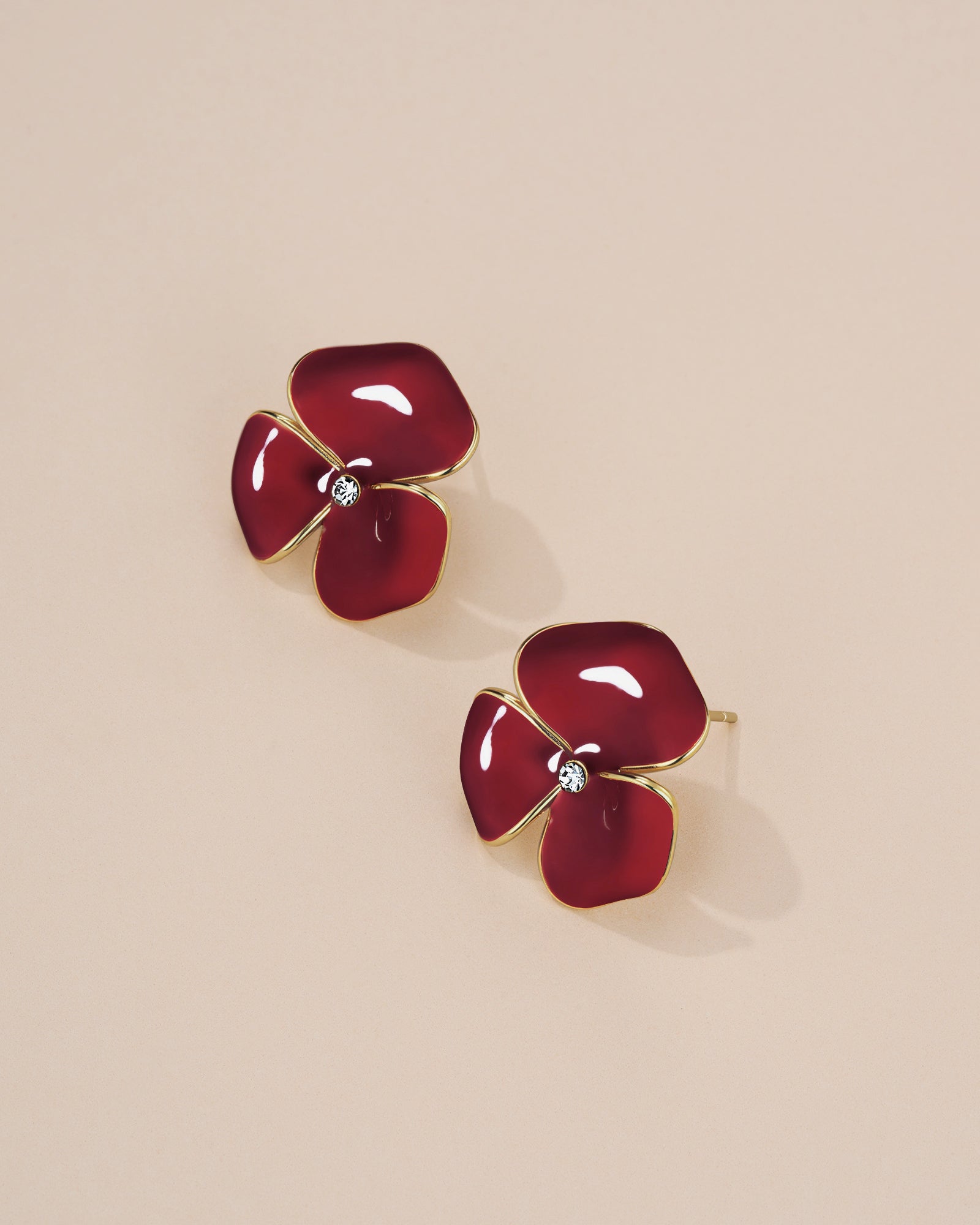 Enamel Floral Petal Studs with CZ - Maroon