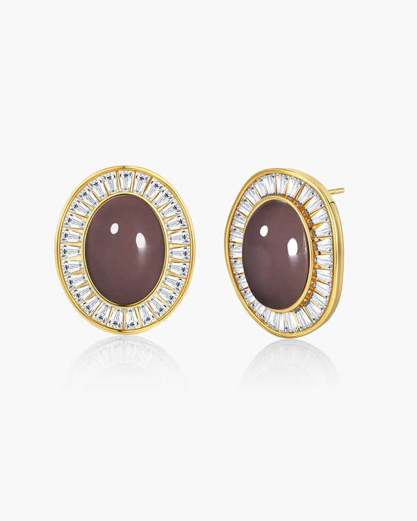 #283 Brown Beige Enamel Dome Stud Earrings with Cubic Zirconia