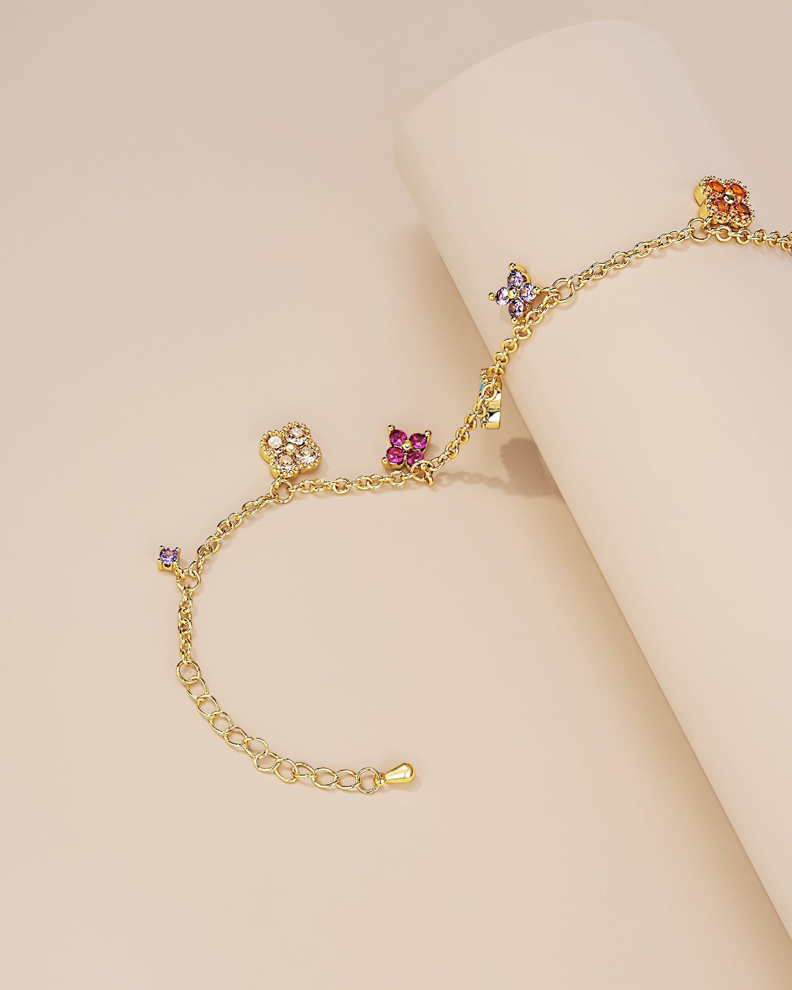 Gold Colorful Gemstone Charm Tennis Station Bracelet