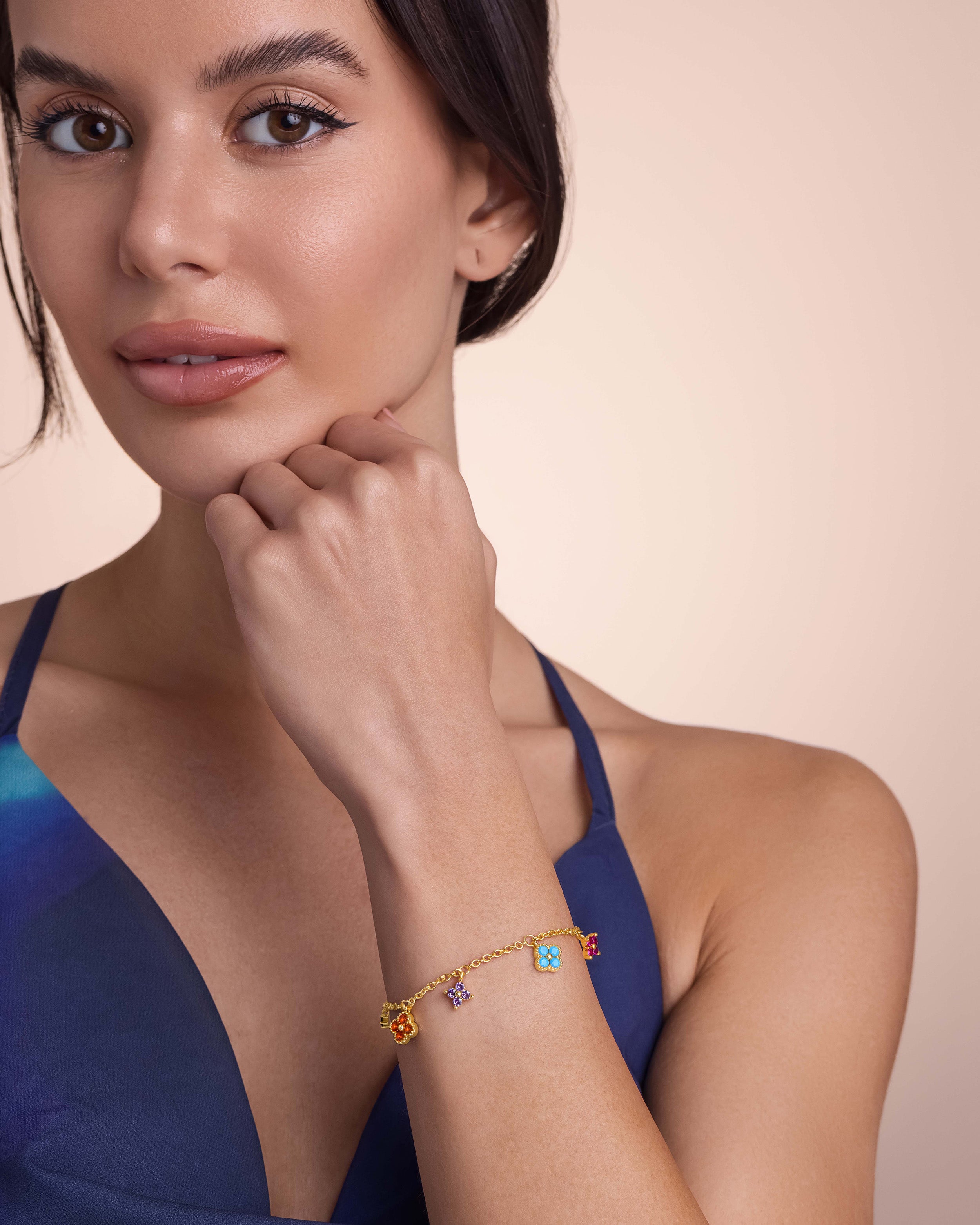 Gold Colorful Gemstone Charm Tennis Station Bracelet