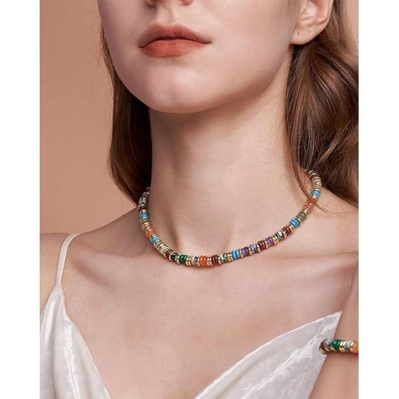 SNGIA 18K Gold Plated Natural Stone Beaded Choker Necklace for Women, Adjustable Earth