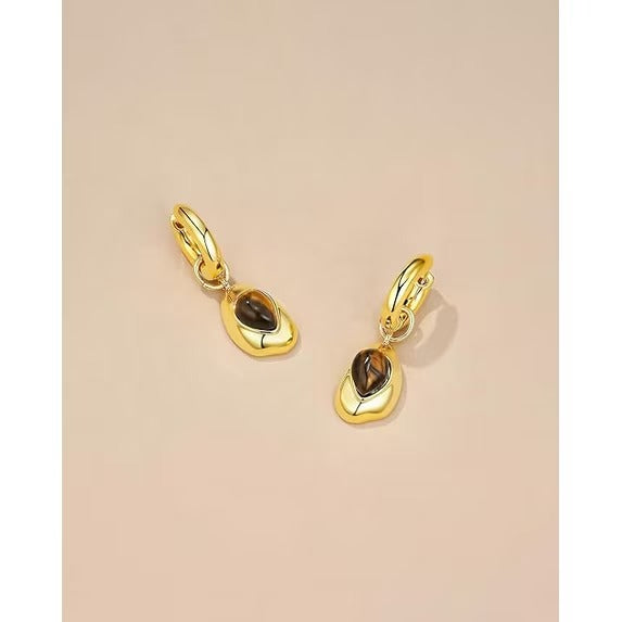 SNGIA 18K Gold Plated Tiger Eye Drop Earrings for Women, Irregular Geometric Dangle Hoops