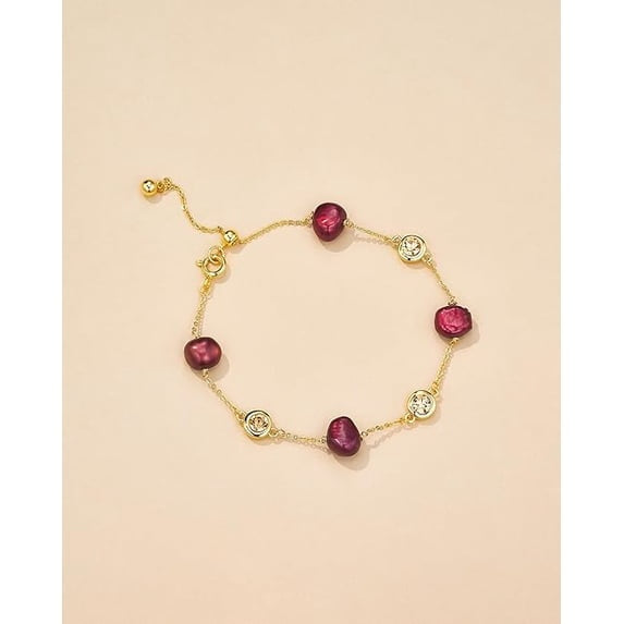 Gold Plated Baroque Pearl Bracelet with Purple Beads & CZ Accents, Adjustable Chain