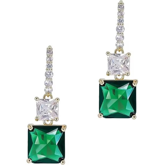 18K Gold Plated Green Statement Dangle Earrings with Square-Cut Stone for Women