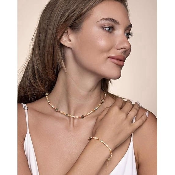 SNGIA 18K Gold Plated Multicolor Natural Stone Beaded Adjustable Choker Necklace for Women