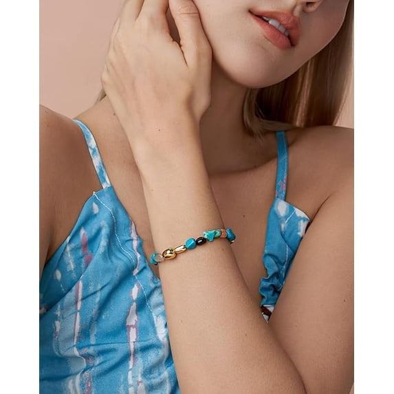 Gold Tone Turquoise Beaded Adjustable Bracelet for Women, Multicolor Statement Jewelry