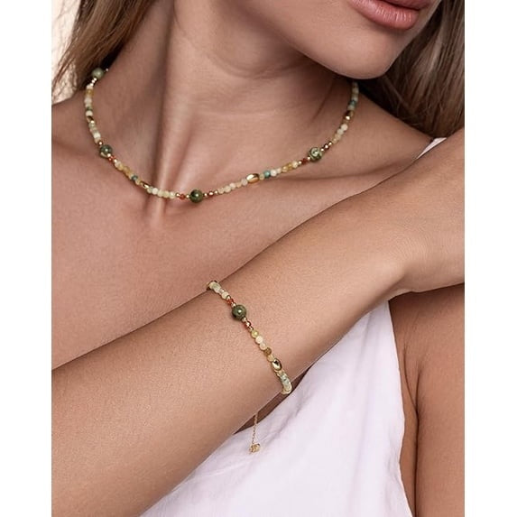 Adjustable Natural Stone Beaded Bracelet for Women, 18K Gold Plated Multicolor Chain Bracelet