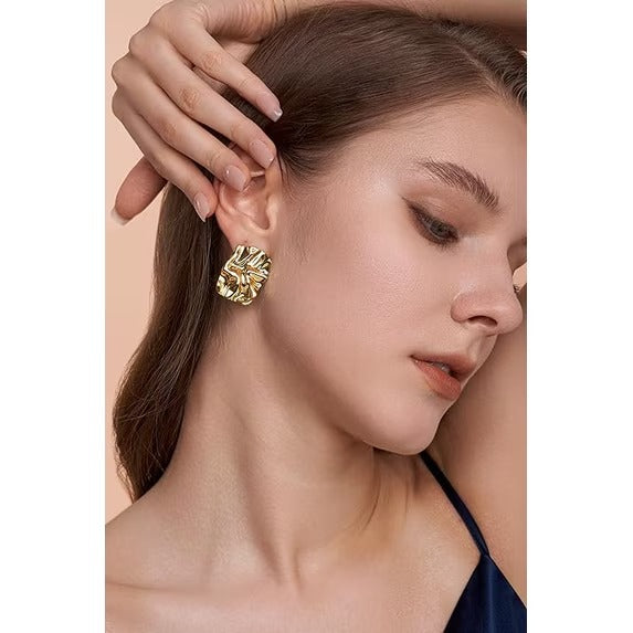 SNGIA 14K Gold Plated Textured Rectangular Stud Earrings for Women, Vintage Geometric Style