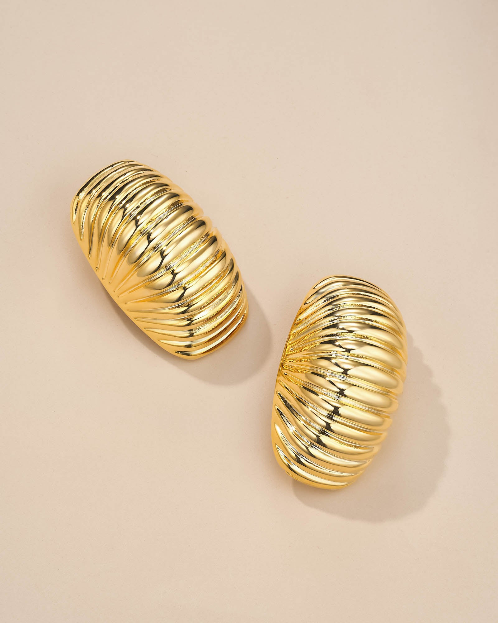 Extra Large Clip On Earrings In Gold Tone Ribbed Pattern Design
