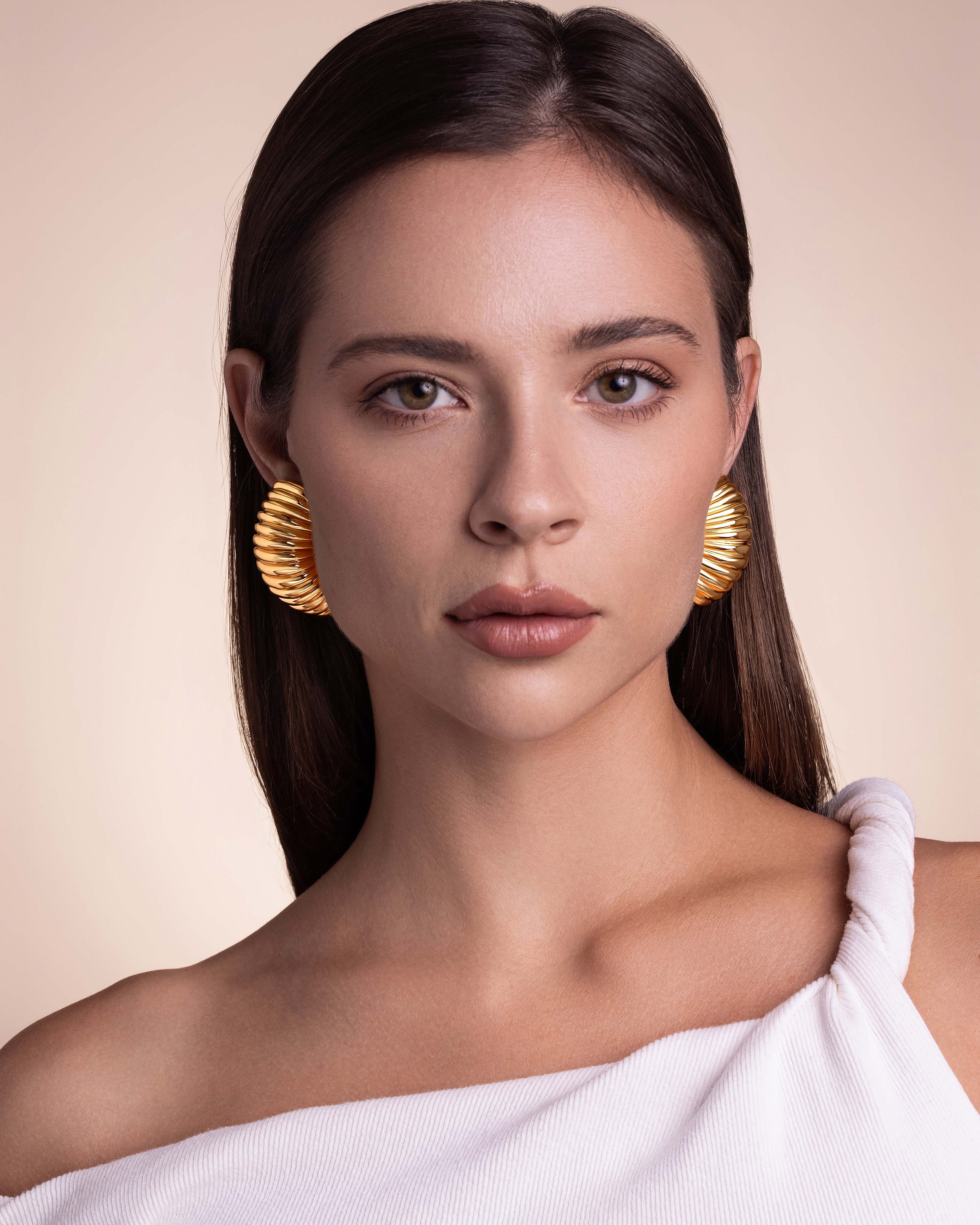Extra Large Gold Clip-on Earrings with Ribbed Pattern Design