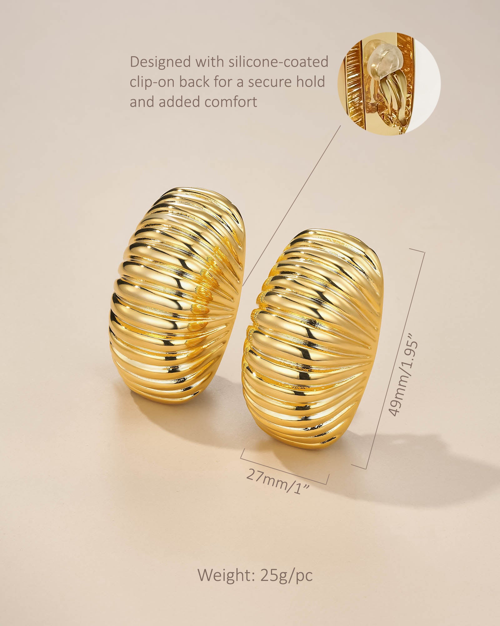 Extra Large Clip On Earrings In Gold Tone Ribbed Pattern Design