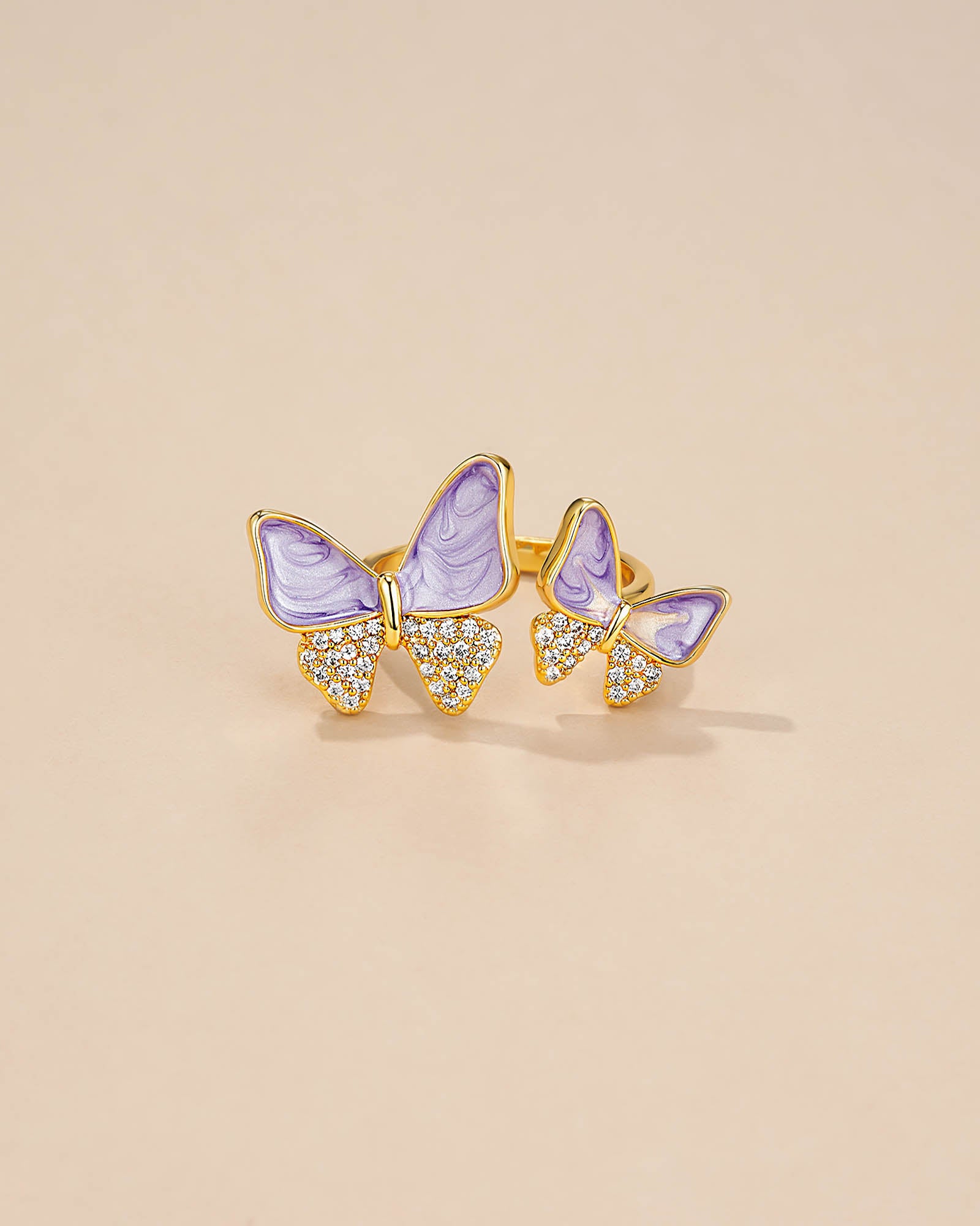 Gold Purple Enamel Butterfly Ring with CZ