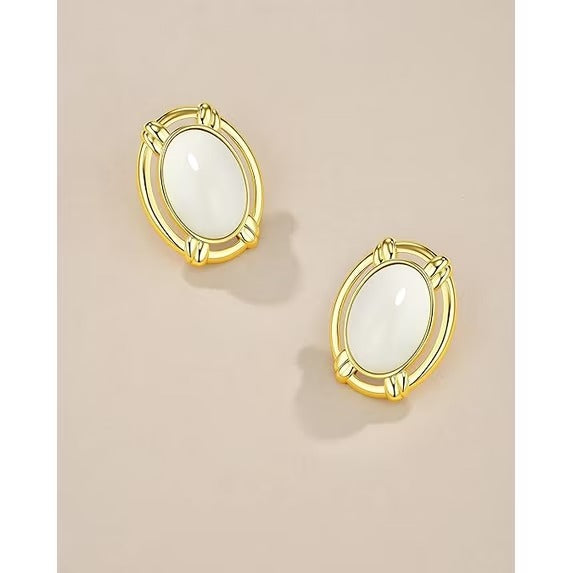 SNGIA Gold Plated Oval Butter Gemstone Stud Earrings Large Statement Button Design