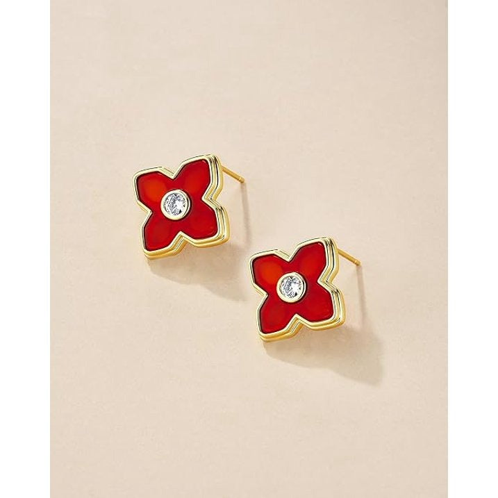 SNGIA 18K Gold Plated Red Enamel Four Leaf Clover Stud Earrings with CZ Accent for Women