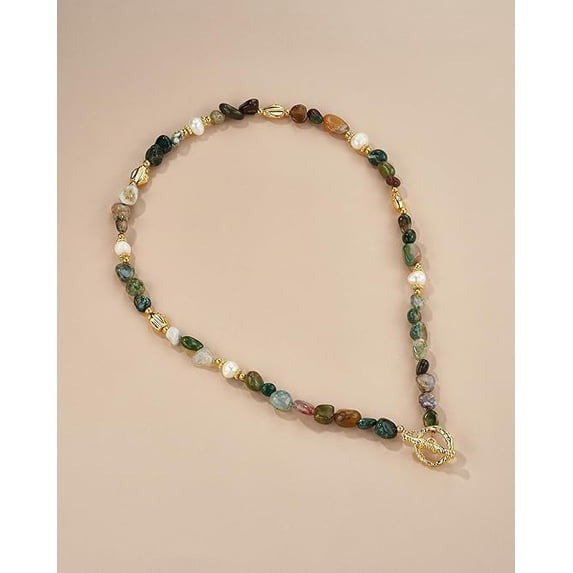 SNGIA 18K Gold Plated Multicolor Natural Stone Beaded Choker Necklace for Women