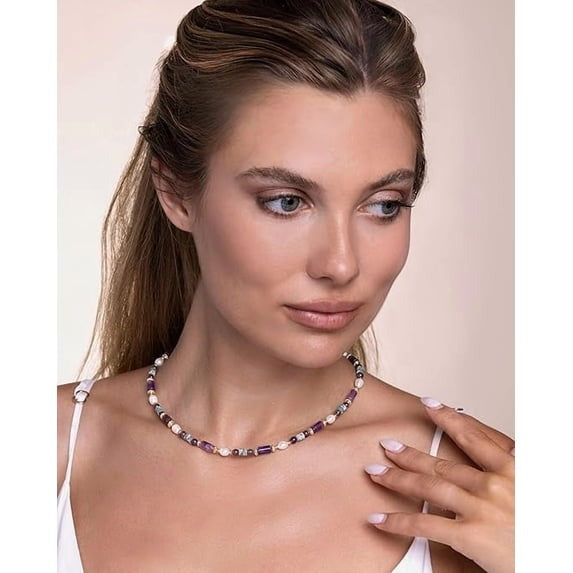 SNGIA Purple Natural Stone and Pearl Beaded Choker Necklace for Women, Gold Tone, 15+3 In