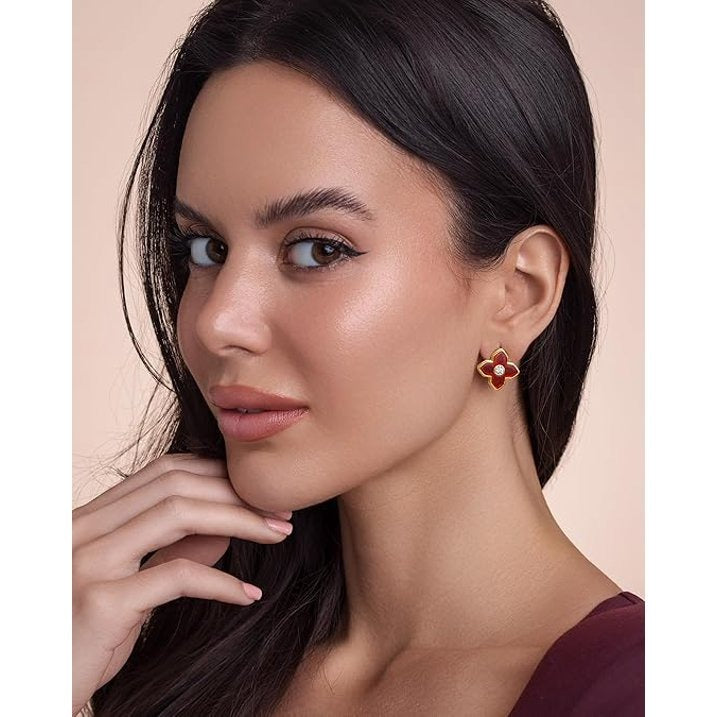 SNGIA 18K Gold Plated Red Enamel Four Leaf Clover Stud Earrings with CZ Accent for Women